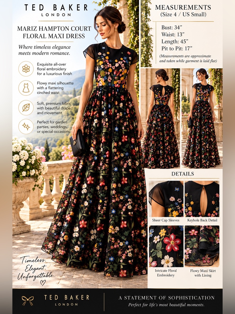 Ted Baker Black Floral Embroidered Maxi Dress with Multicolor Blooms